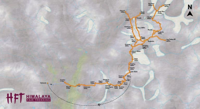 Tourenverlauf des Treks zum Everest Base Camp - klassische Route