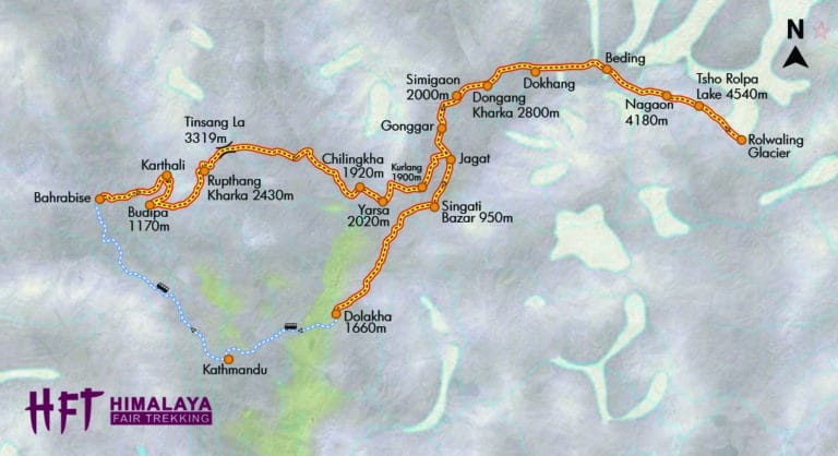 Nepal: Trek durchs wilde Rolwaling zum Tso Rolpa (T128) Tourenverlauf/Map/Karte