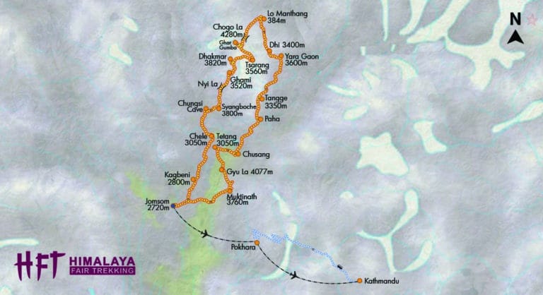 Nepal: Trek im Königreich Mustang/Upper Mustang (T156) Tourenverlauf/Map