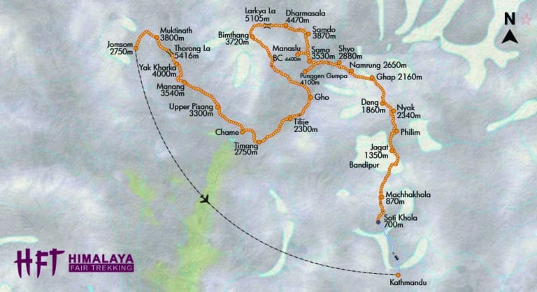 Nepal: Umrundung von Manaslu und Annapurna (T164) Map/Karte mit Tagesetappen