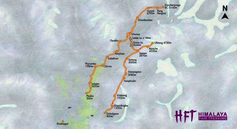 Nepal: Lodge-Trek zum Kanchenjunga Base Camp (T173): Karte/Tourenverlauf/Ma