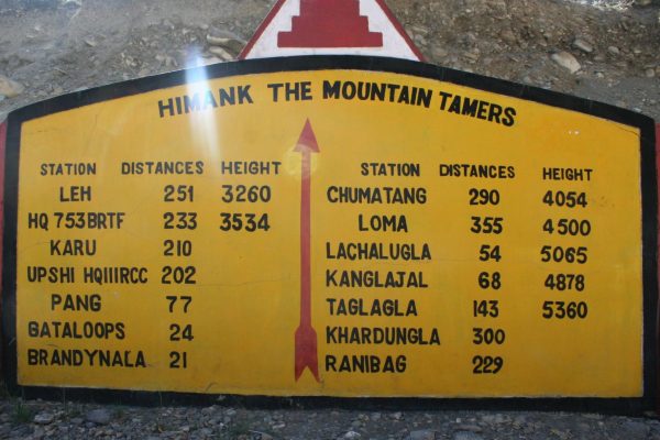 Indien, Ladakh, Entfernungsangaben auf Straßenschild