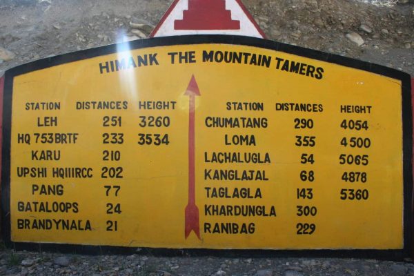 Indien, Ladakh, Entfernungsangaben auf Straßenschild